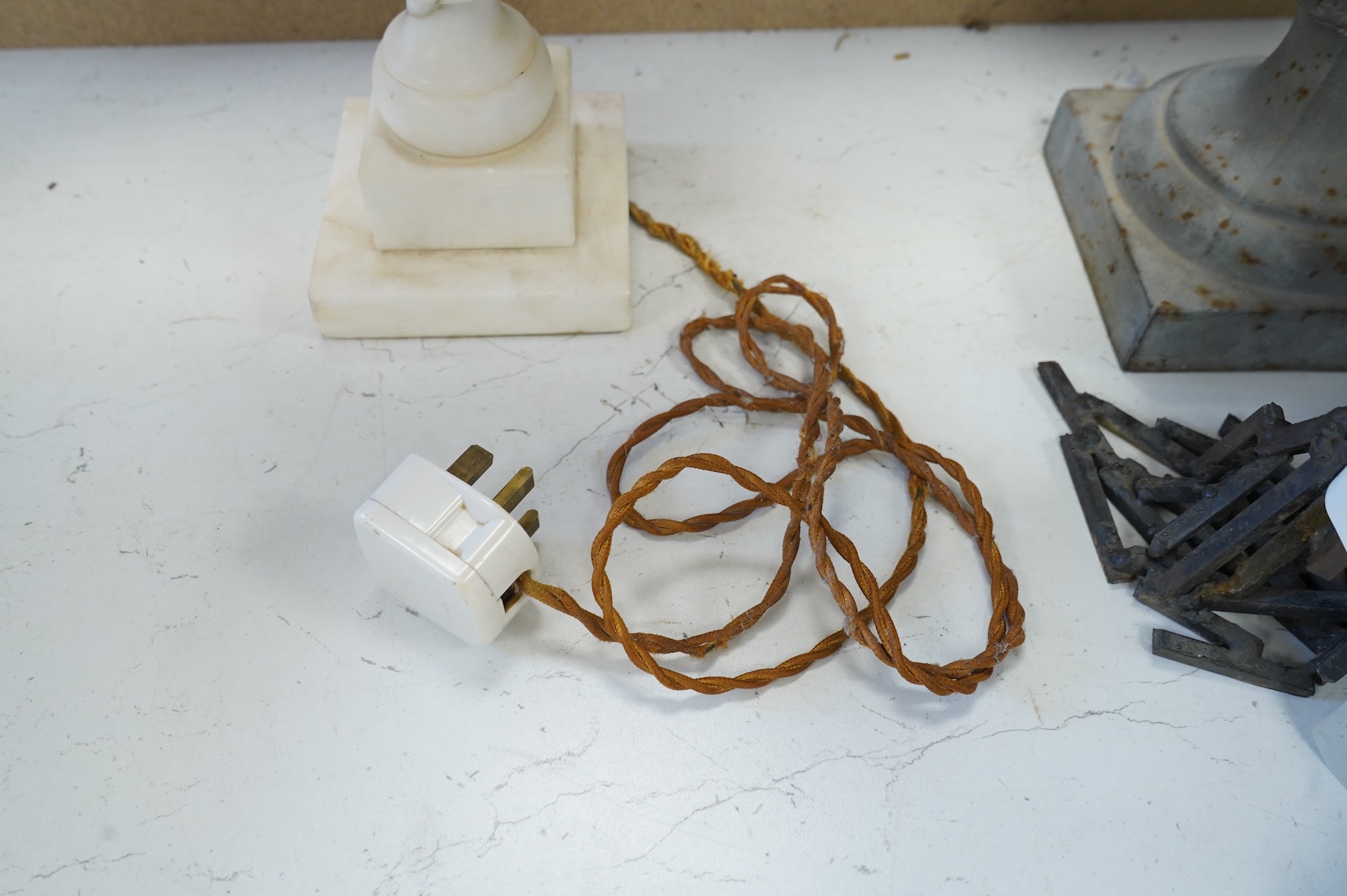 A pair of alabaster table lamps and shades, 56cm total